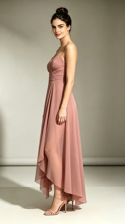 Soft A-line Pink Bridesmaid Gowns Straps Chiffon Maxi Dress LFNL0723