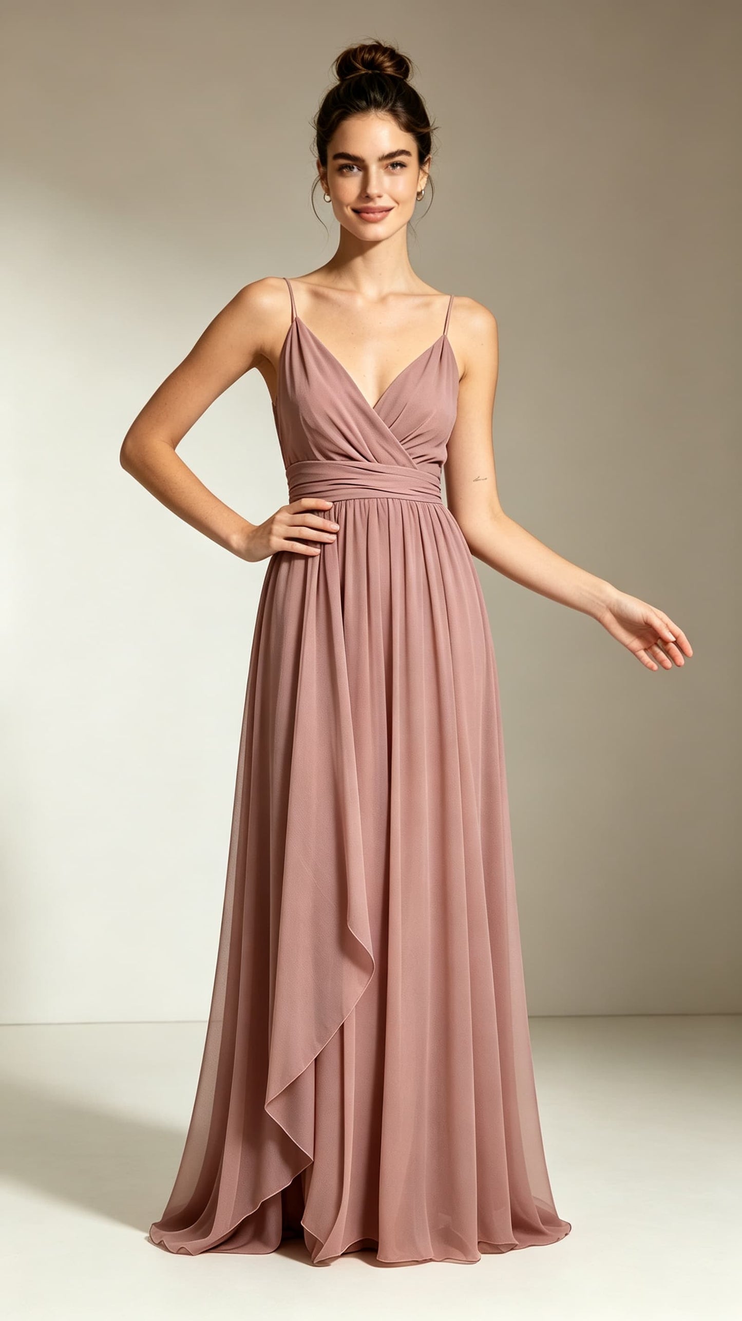 Flattering A-line Pink Bridesmaid Gowns Straps Chiffon Maxi Dress LFNL0734
