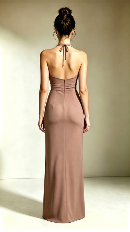 Lovely Mermaid Dusty Pink Evening Gowns V Neck Polyester Maxi Dress LFNL0763