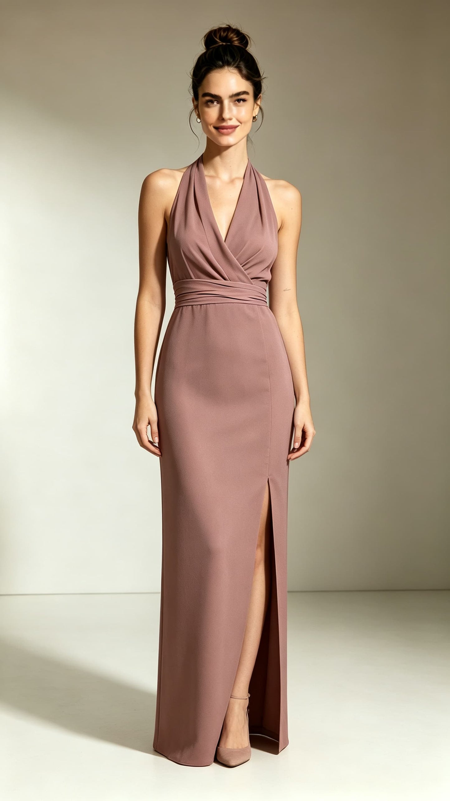 Lovely Mermaid Dusty Pink Evening Gowns V Neck Polyester Maxi Dress LFNL0763