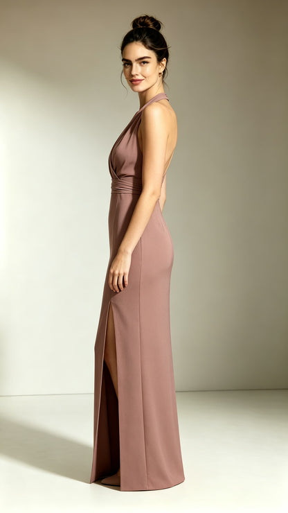 Lovely Mermaid Dusty Pink Evening Gowns V Neck Polyester Maxi Dress LFNL0763