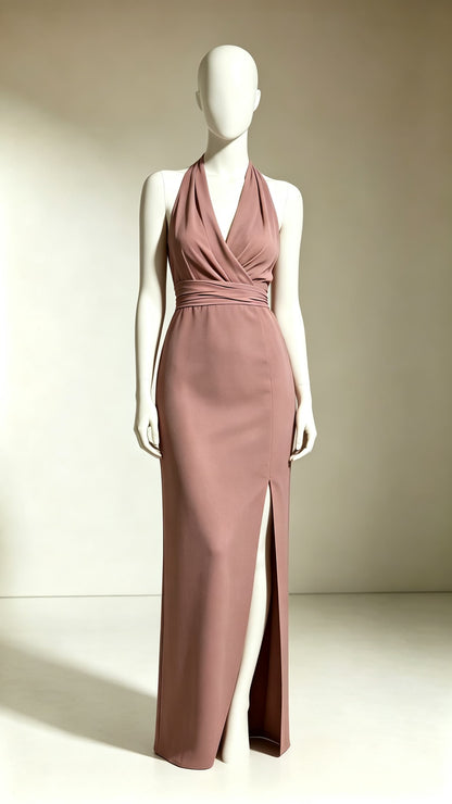 Lovely Mermaid Dusty Pink Evening Gowns V Neck Polyester Maxi Dress LFNL0763