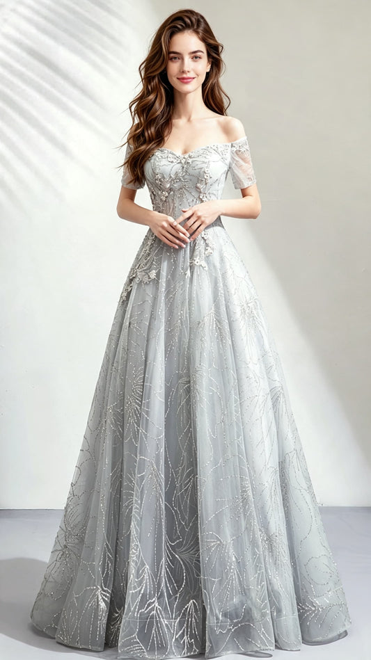 2026 A-line Grey Evening Dress Off Shoulder Organza Long Formal Dress LFNC0172