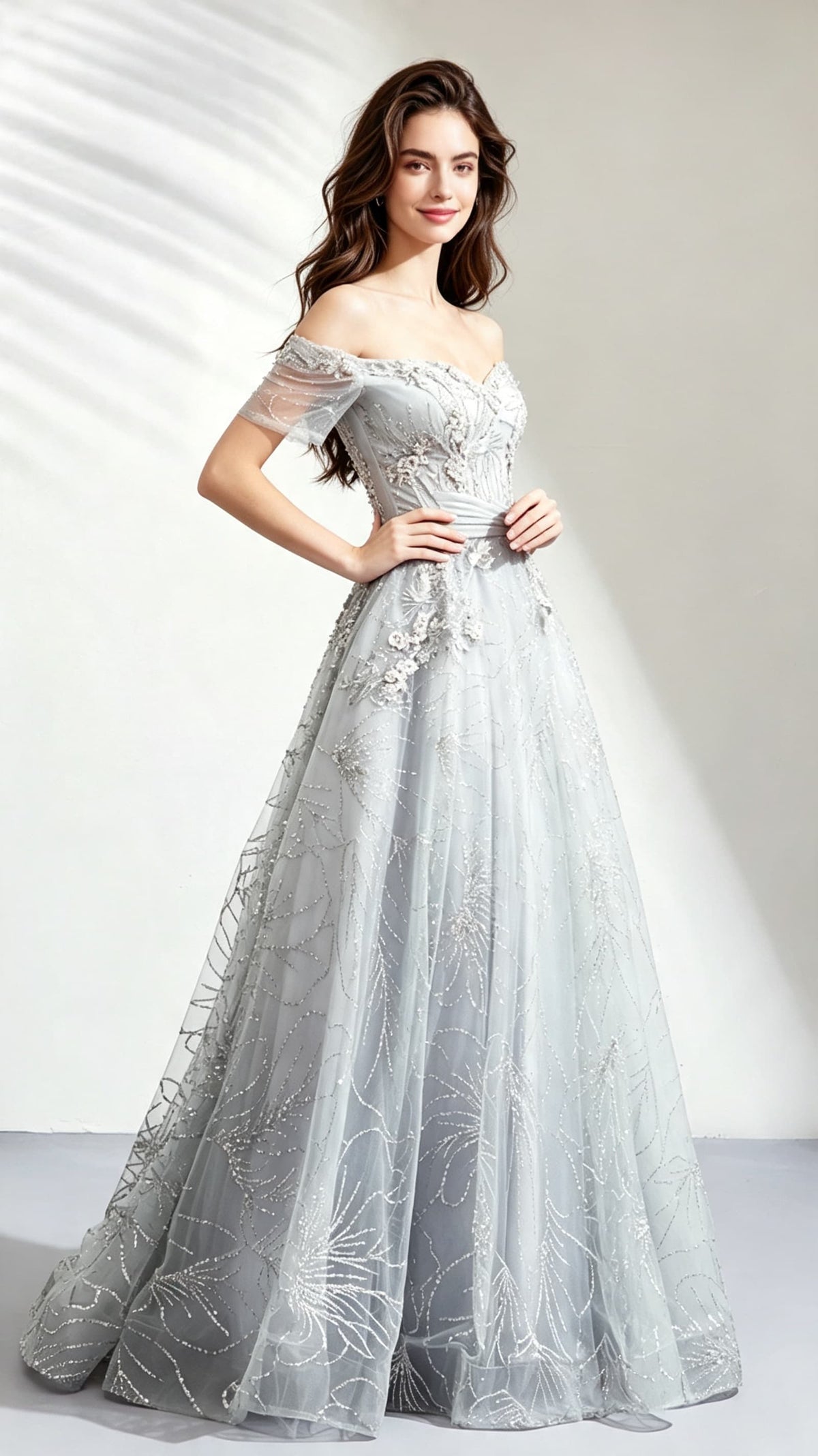2026 A-line Grey Evening Dress Off Shoulder Organza Long Formal Dress LFNC0172
