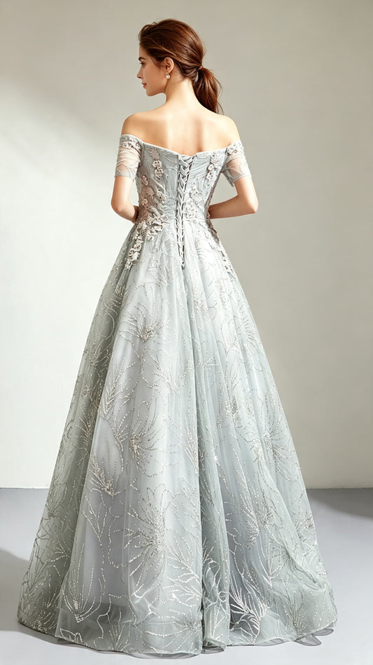 2026 A-line Grey Evening Dress Off Shoulder Organza Long Formal Dress LFNC0172