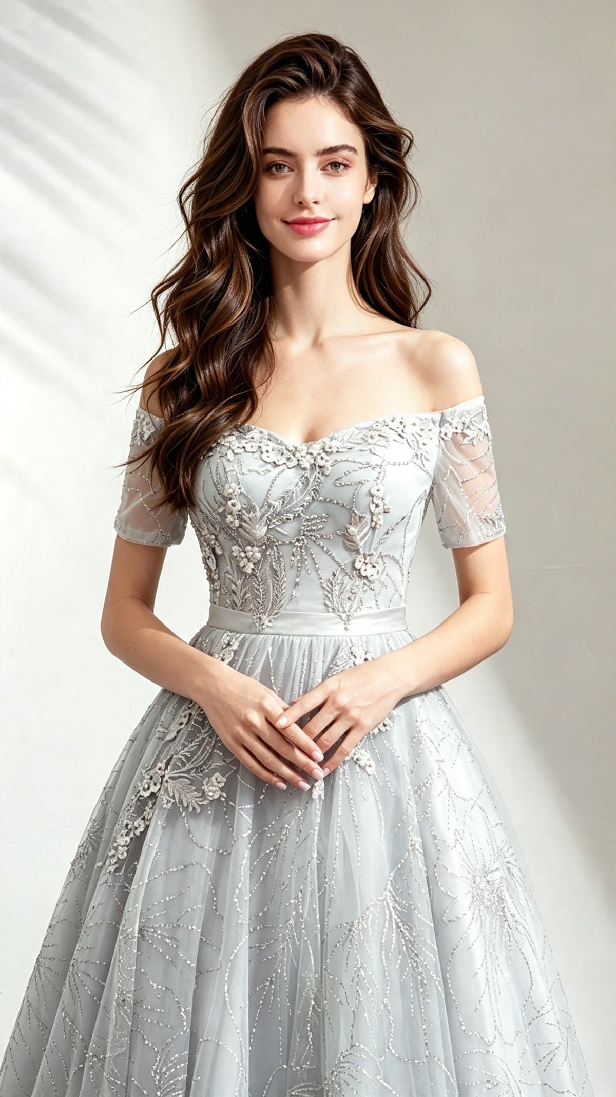 2026 A-line Grey Evening Dress Off Shoulder Organza Long Formal Dress LFNC0172