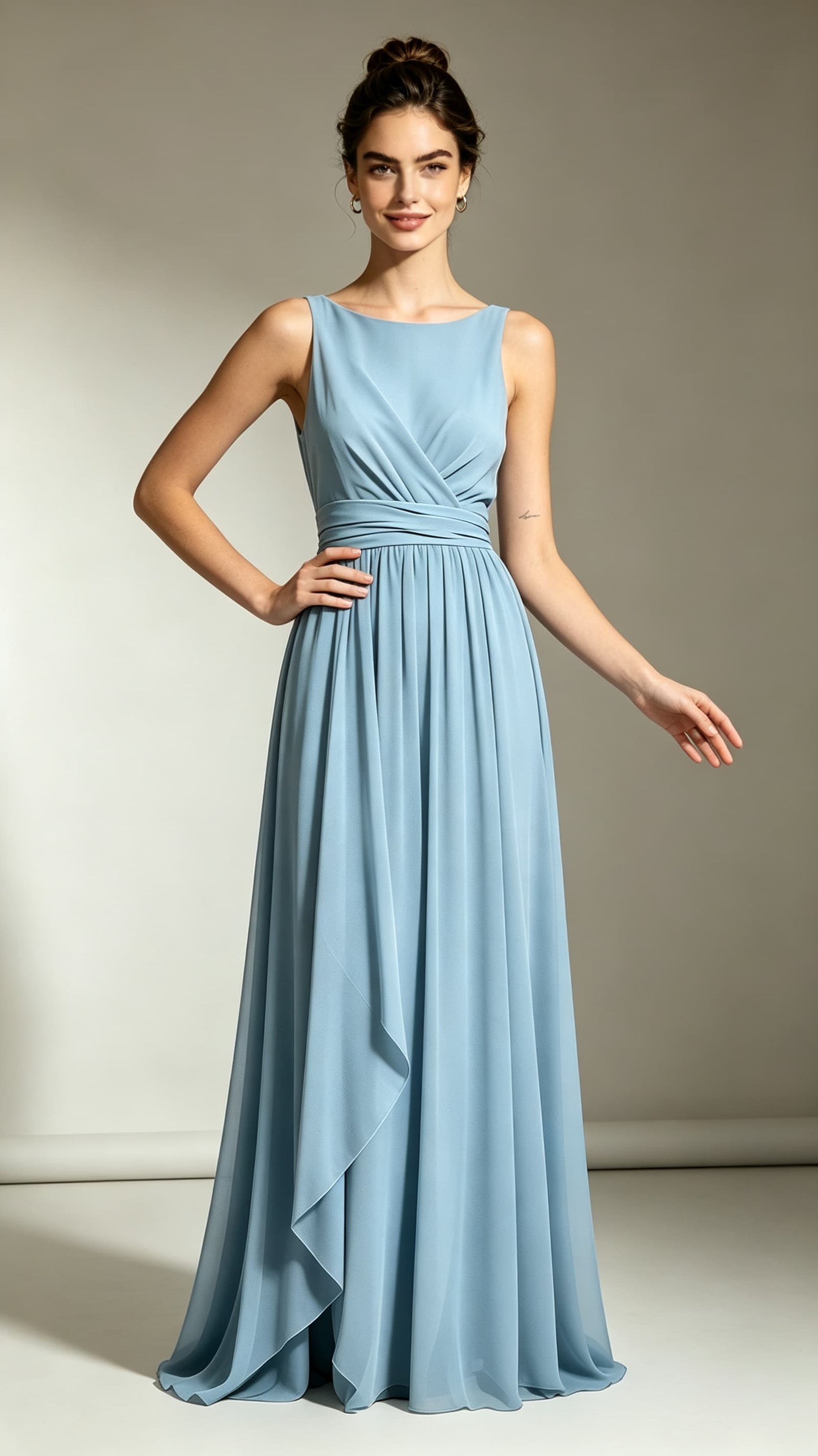 Dusty‑blue sleeveless A‑line chiffon maxi evening gown, round boat‑neck, draped waist pleats, custom‑made formal prom and Year‑12‑formal bridesmaid dress