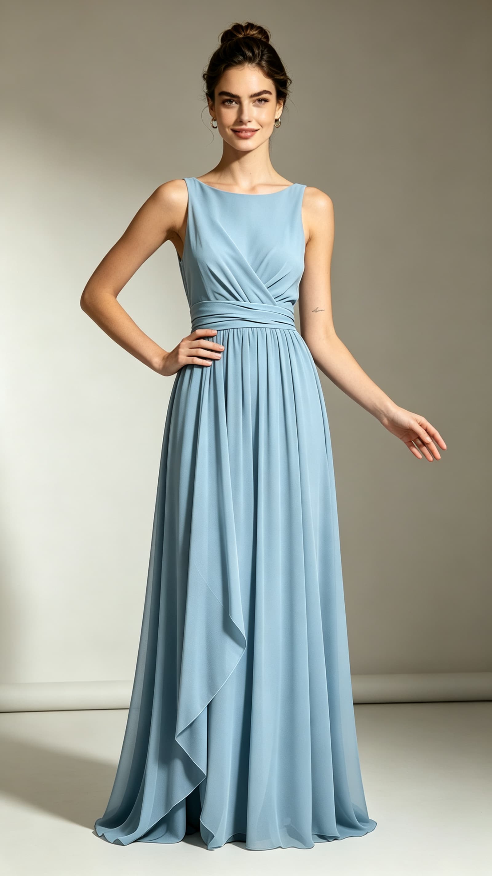 Dusty‑blue sleeveless A‑line chiffon maxi evening gown, round boat‑neck, draped waist pleats, custom‑made formal prom and Year‑12‑formal bridesmaid dress