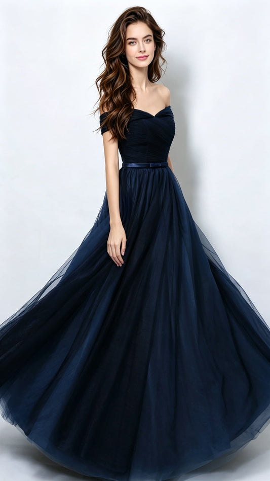 Gorgeous A-line Navy Blue Bridesmaid Dress Off Shoulder Organza Long Formal Dress LFNC0166