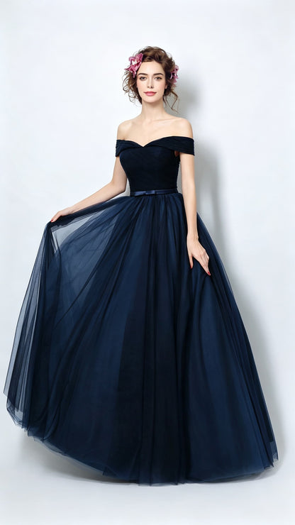 Gorgeous A-line Navy Blue Bridesmaid Dress Off Shoulder Organza Long Formal Dress LFNC0166
