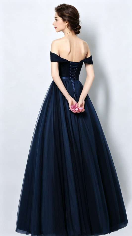 Gorgeous A-line Navy Blue Bridesmaid Dress Off Shoulder Organza Long Formal Dress LFNC0166