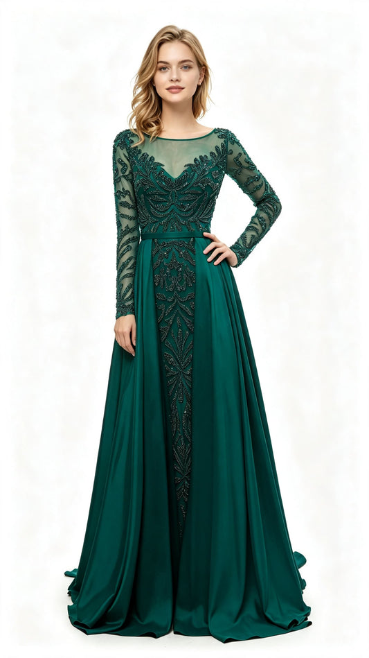 Effortless A-line Green Evening Dress Round Neck Tulle&Satin Maxi Dress LFNL0634
