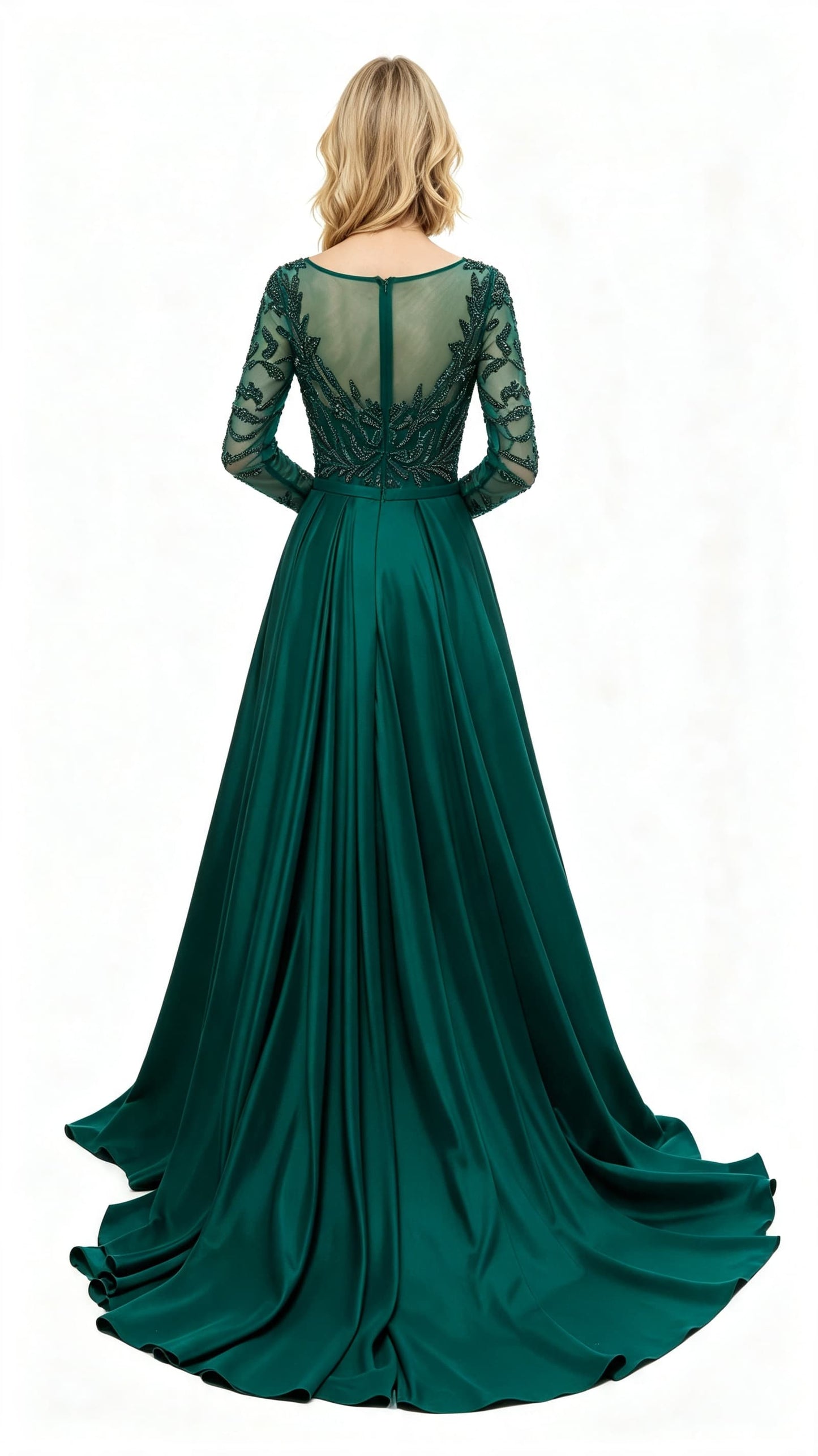 Effortless A-line Green Evening Dress Round Neck Tulle&Satin Maxi Dress LFNL0634