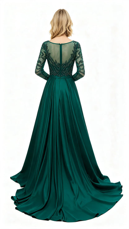 Effortless A-line Green Evening Dress Round Neck Tulle&Satin Maxi Dress LFNL0634
