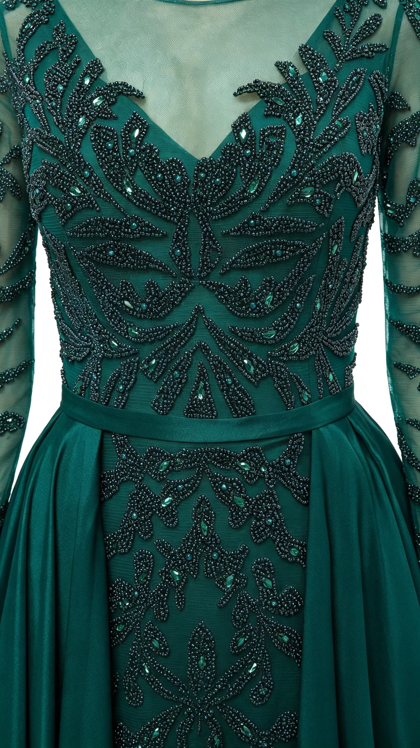 Effortless A-line Green Evening Dress Round Neck Tulle&Satin Maxi Dress LFNL0634