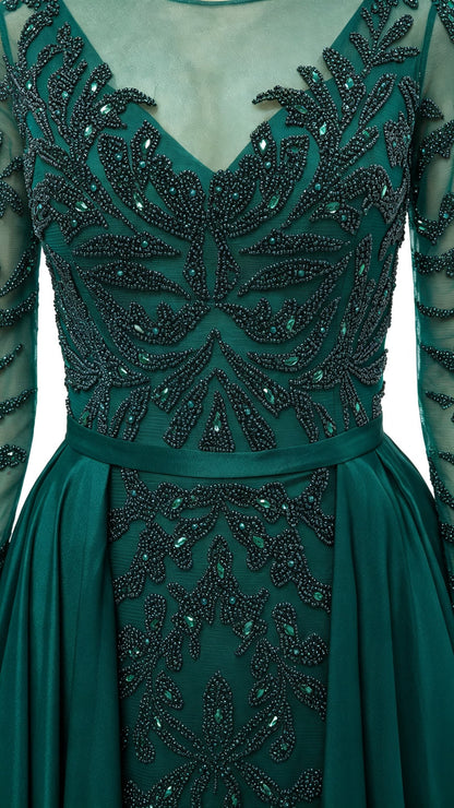 Effortless A-line Green Evening Dress Round Neck Tulle&Satin Maxi Dress LFNL0634