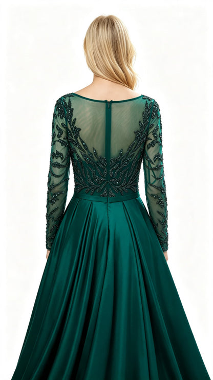 Effortless A-line Green Evening Dress Round Neck Tulle&Satin Maxi Dress LFNL0634