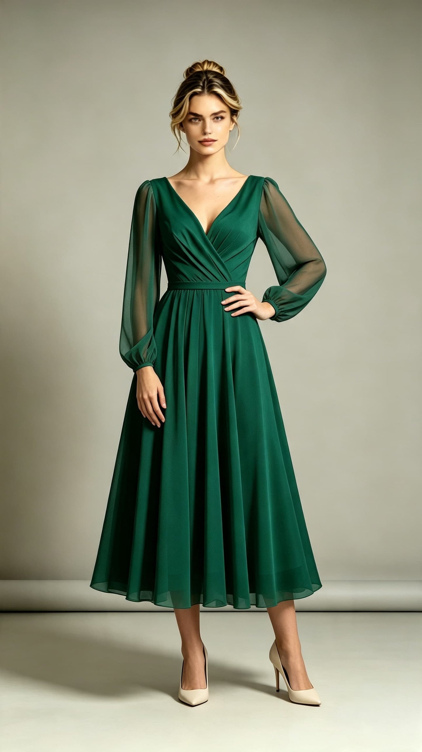 Dreamy A-line Green Evening Gowns V Neck Polyester Midi Length Formal Dress LFNL0725