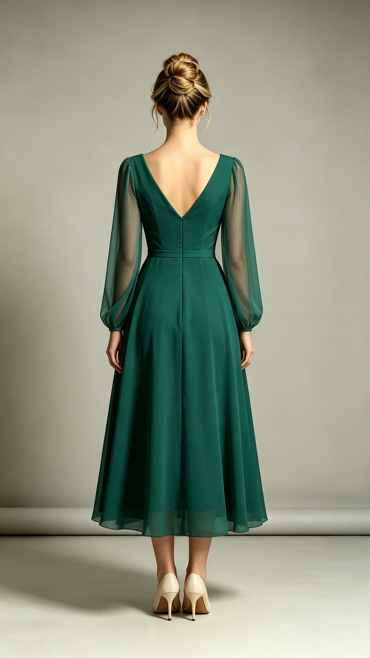 Dreamy A-line Green Evening Gowns V Neck Polyester Midi Length Formal Dress LFNL0725