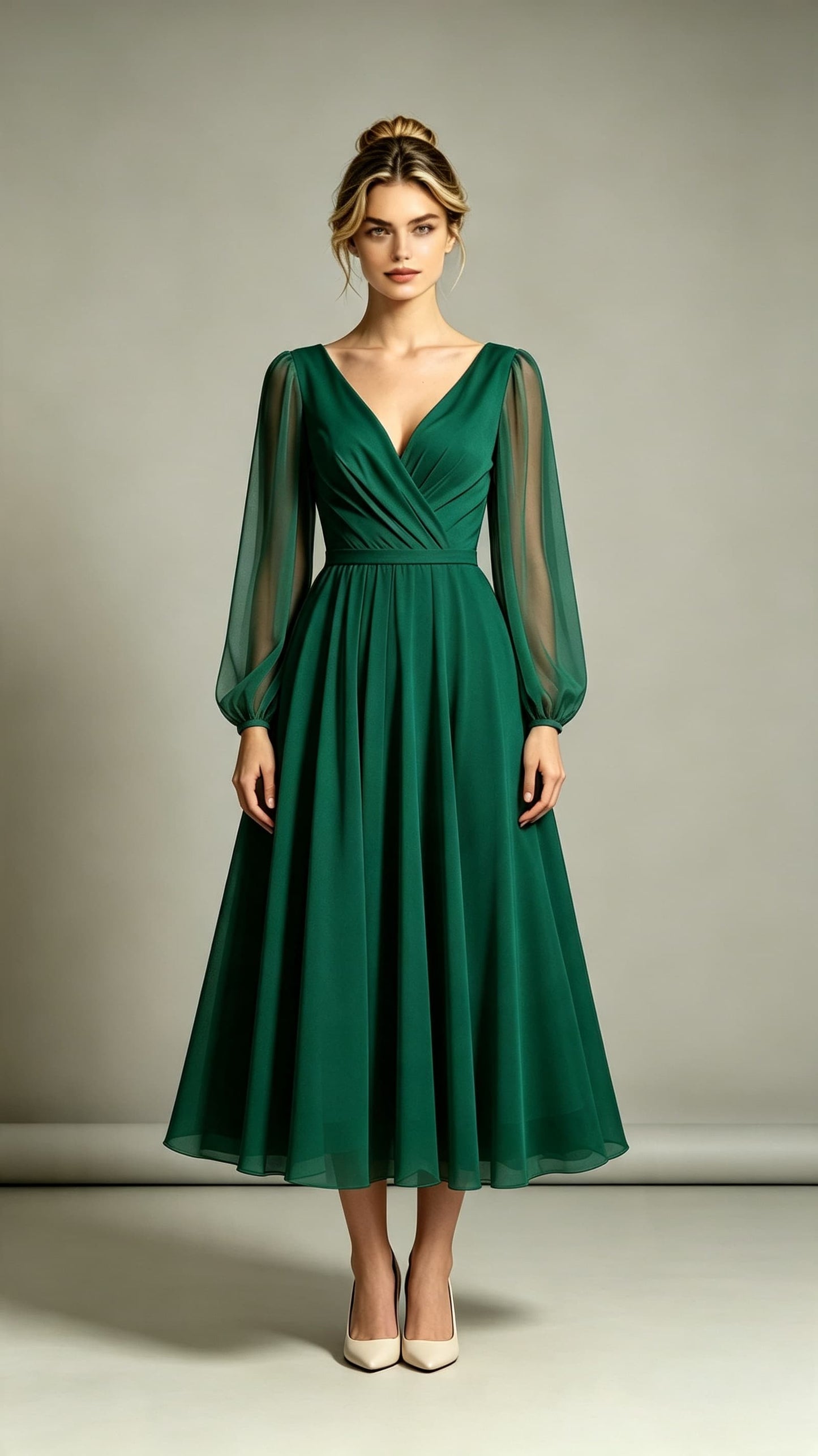 Dreamy A-line Green Evening Gowns V Neck Polyester Midi Length Formal Dress LFNL0725