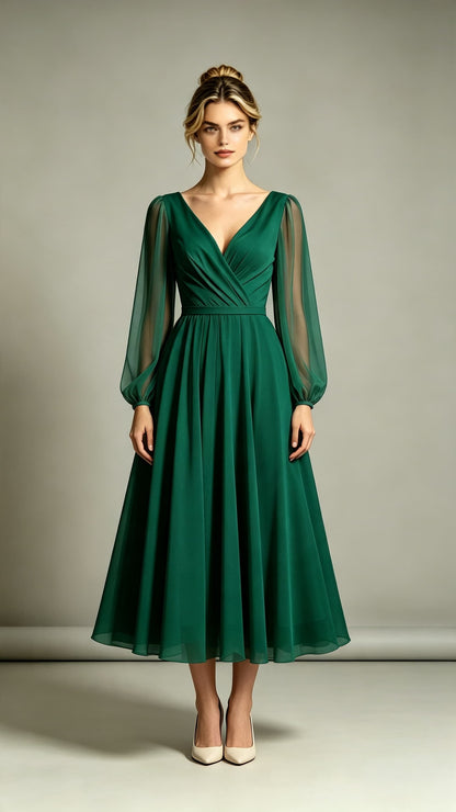 Dreamy A-line Green Evening Gowns V Neck Polyester Midi Length Formal Dress LFNL0725