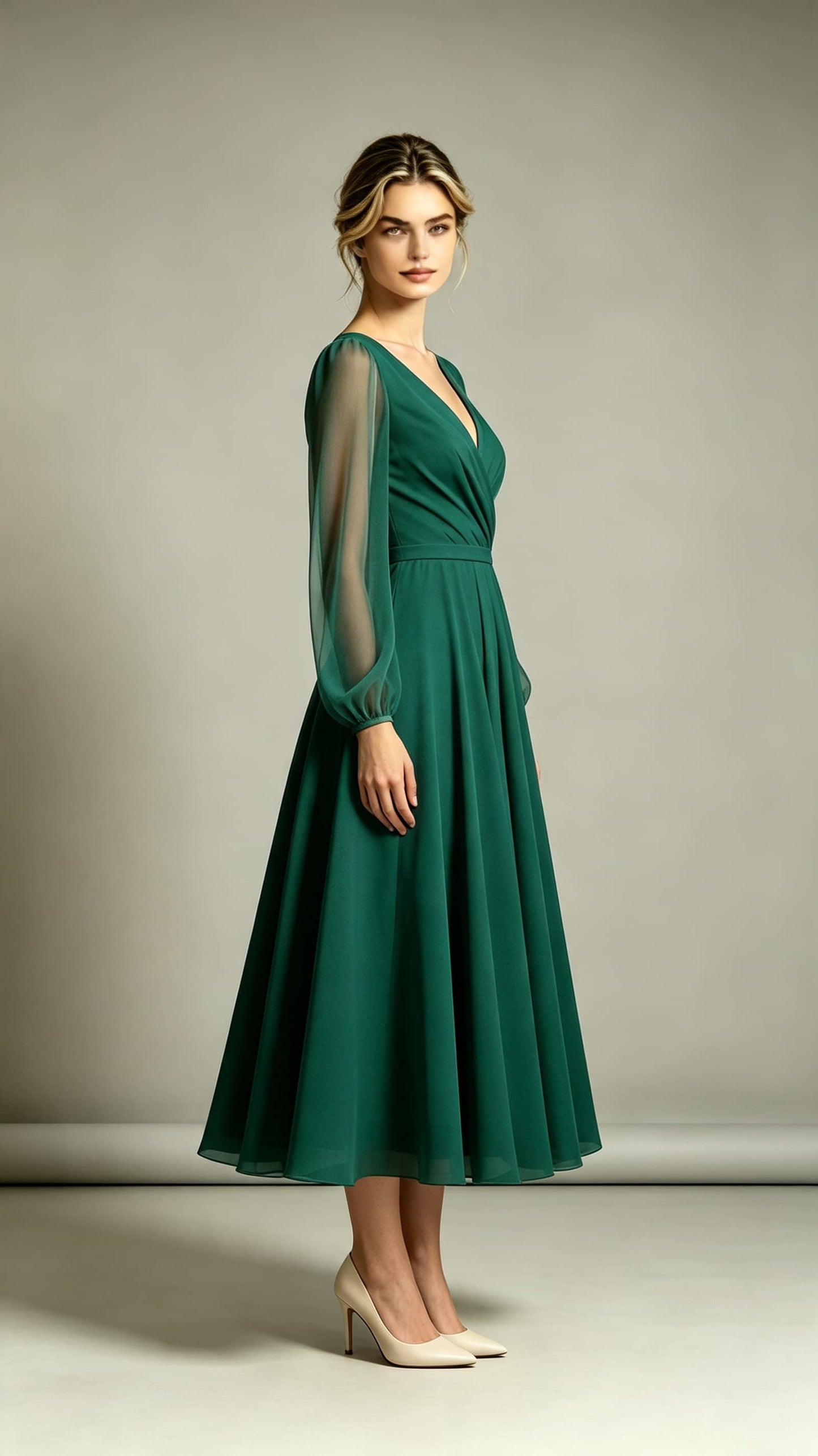 Dreamy A-line Green Evening Gowns V Neck Polyester Midi Length Formal Dress LFNL0725