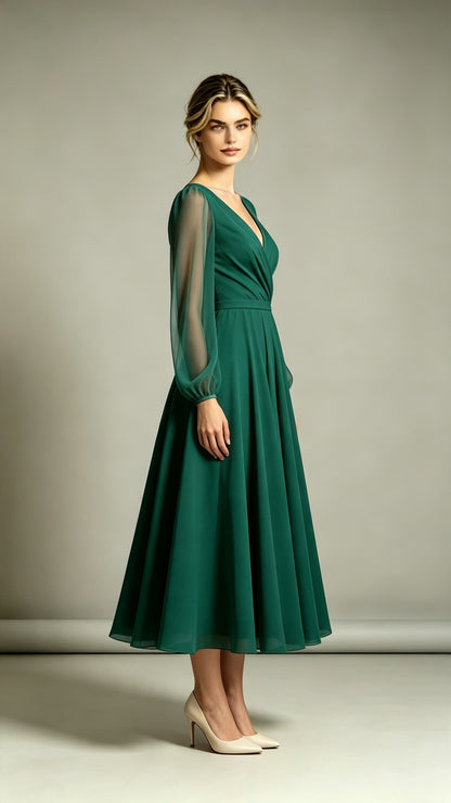 Dreamy A-line Green Evening Gowns V Neck Polyester Midi Length Formal Dress LFNL0725