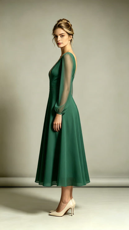Dreamy A-line Green Evening Gowns V Neck Polyester Midi Length Formal Dress LFNL0725