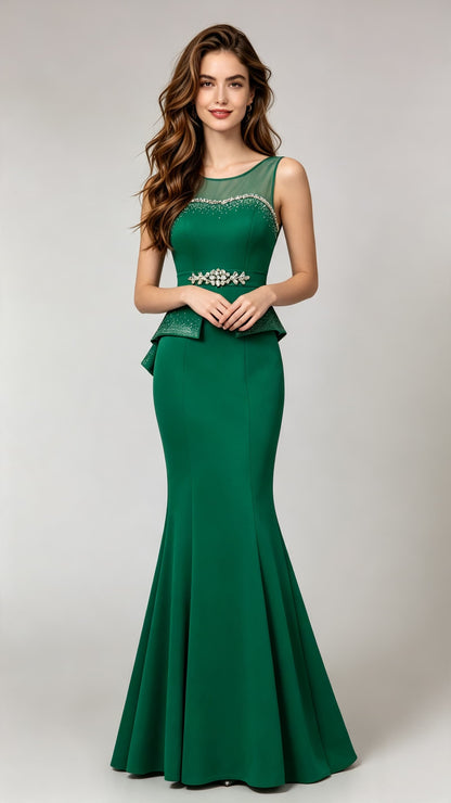 Flowy Mermaid Dark Green Evening Dress Round Neck Satin Long Formal Dress LFNL0536
