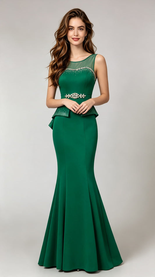 Flowy Mermaid Dark Green Evening Dress Round Neck Satin Long Formal Dress LFNL0536