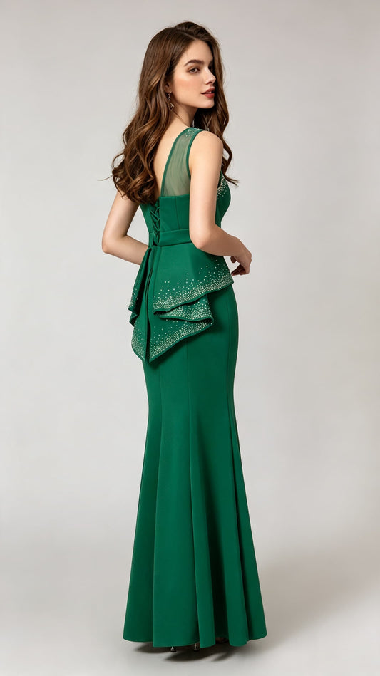 Flowy Mermaid Dark Green Evening Dress Round Neck Satin Long Formal Dress LFNL0536