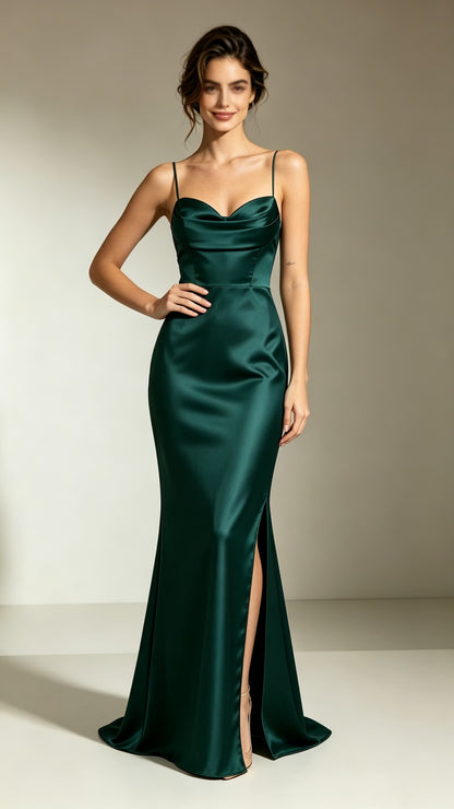 Chic Mermaid Green Evening Gowns Straps Satin Maxi Dress LFNL0750