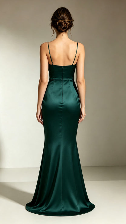 Chic Mermaid Green Evening Gowns Straps Satin Maxi Dress LFNL0750