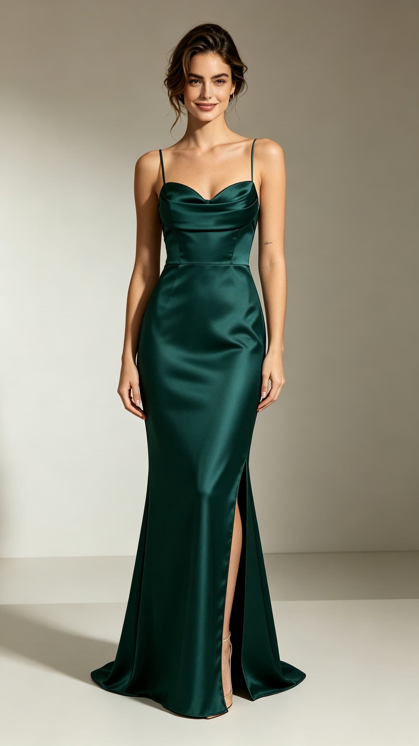 Chic Mermaid Green Evening Gowns Straps Satin Maxi Dress LFNL0750