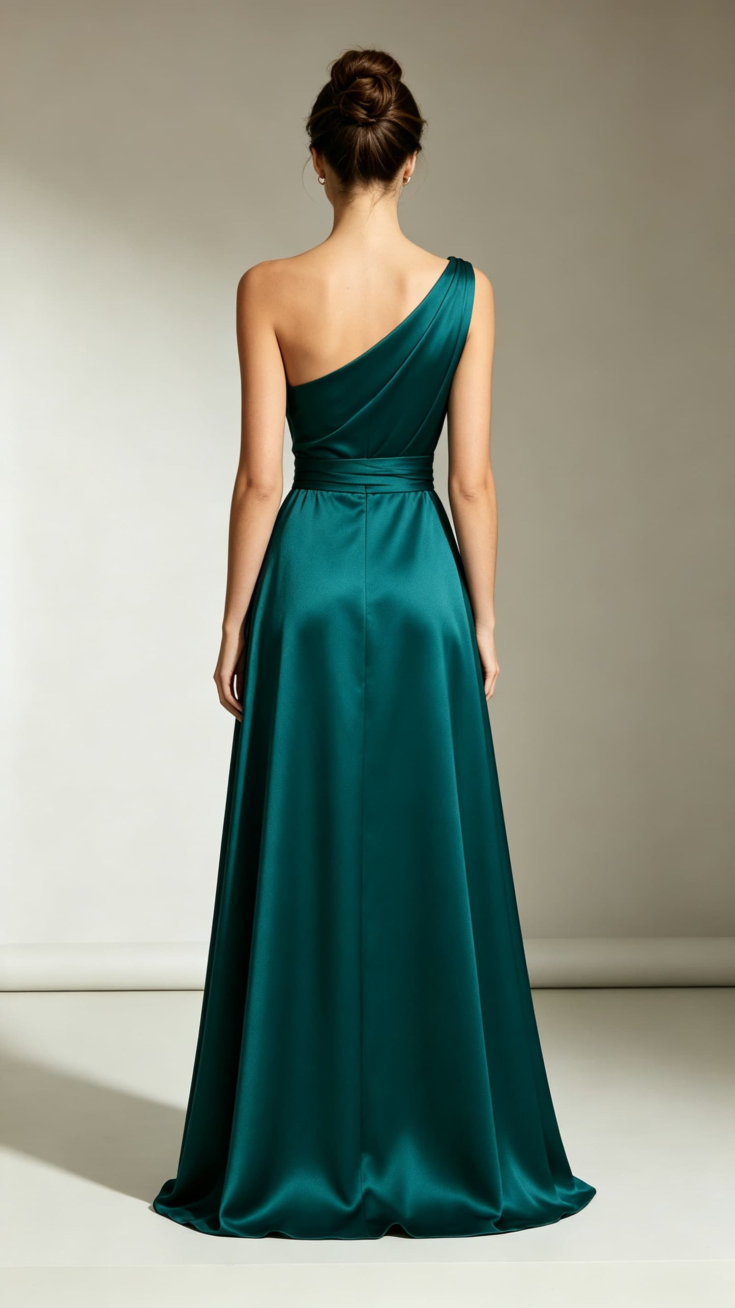 Feminine A-line Green Evening Gowns One Shoulder Satin Maxi Dress LFNL0762