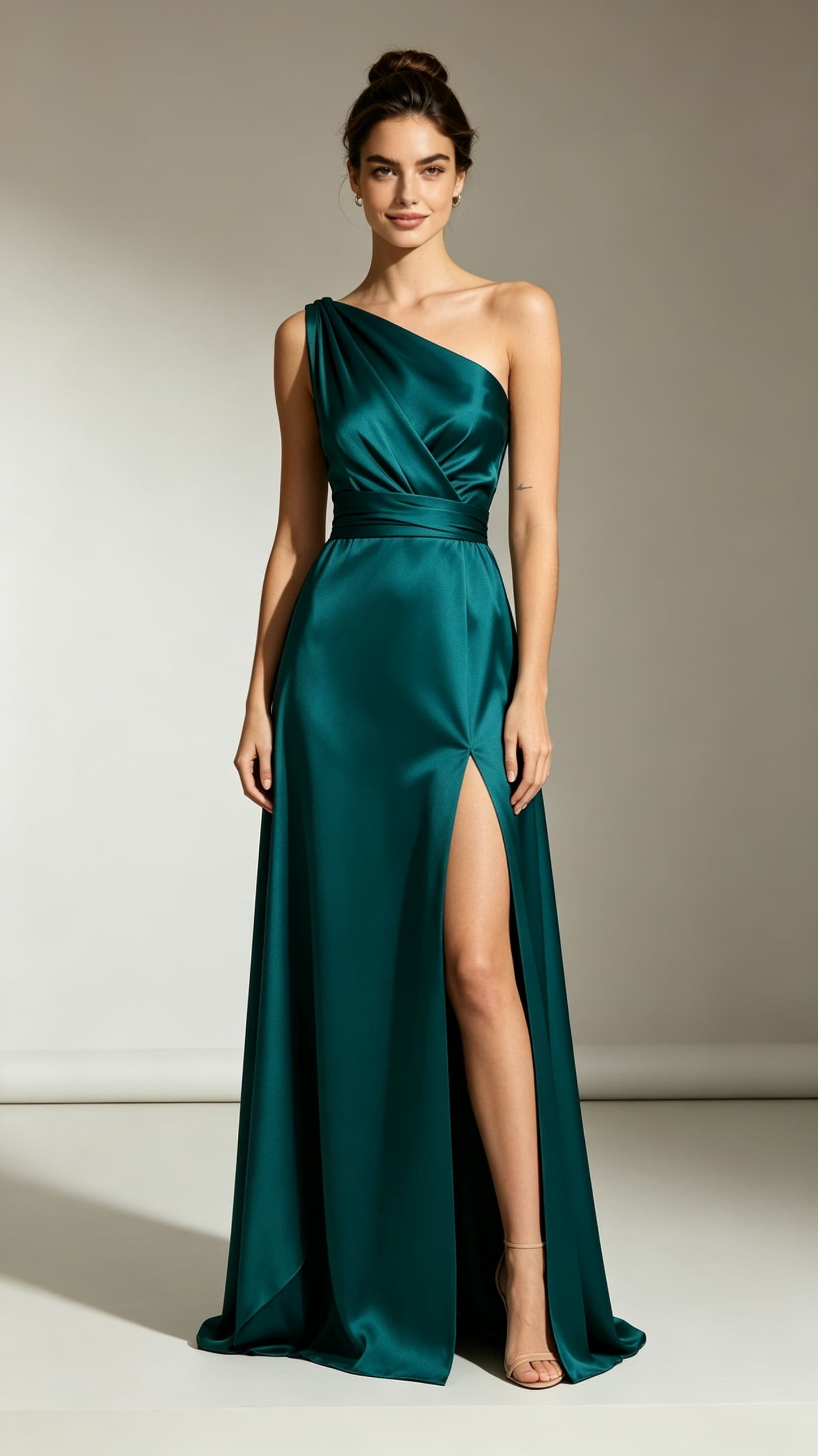 Feminine A-line Green Evening Gowns One Shoulder Satin Maxi Dress LFNL0762