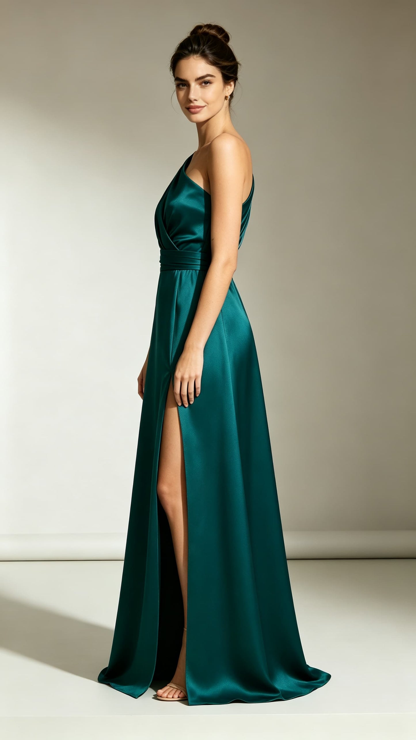 Feminine A-line Green Evening Gowns One Shoulder Satin Maxi Dress LFNL0762