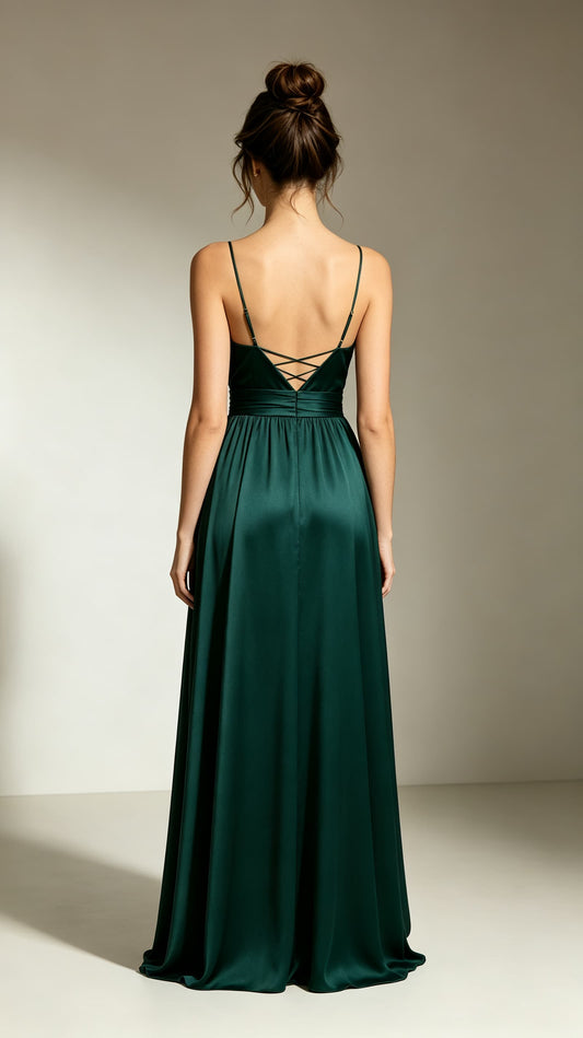 Effortless A-line Green Evening Gowns Straps Satin Maxi Dress LFNL0761