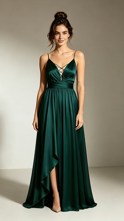 Effortless A-line Green Evening Gowns Straps Satin Maxi Dress LFNL0761