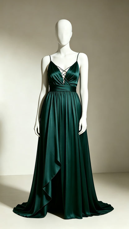 Effortless A-line Green Evening Gowns Straps Satin Maxi Dress LFNL0761