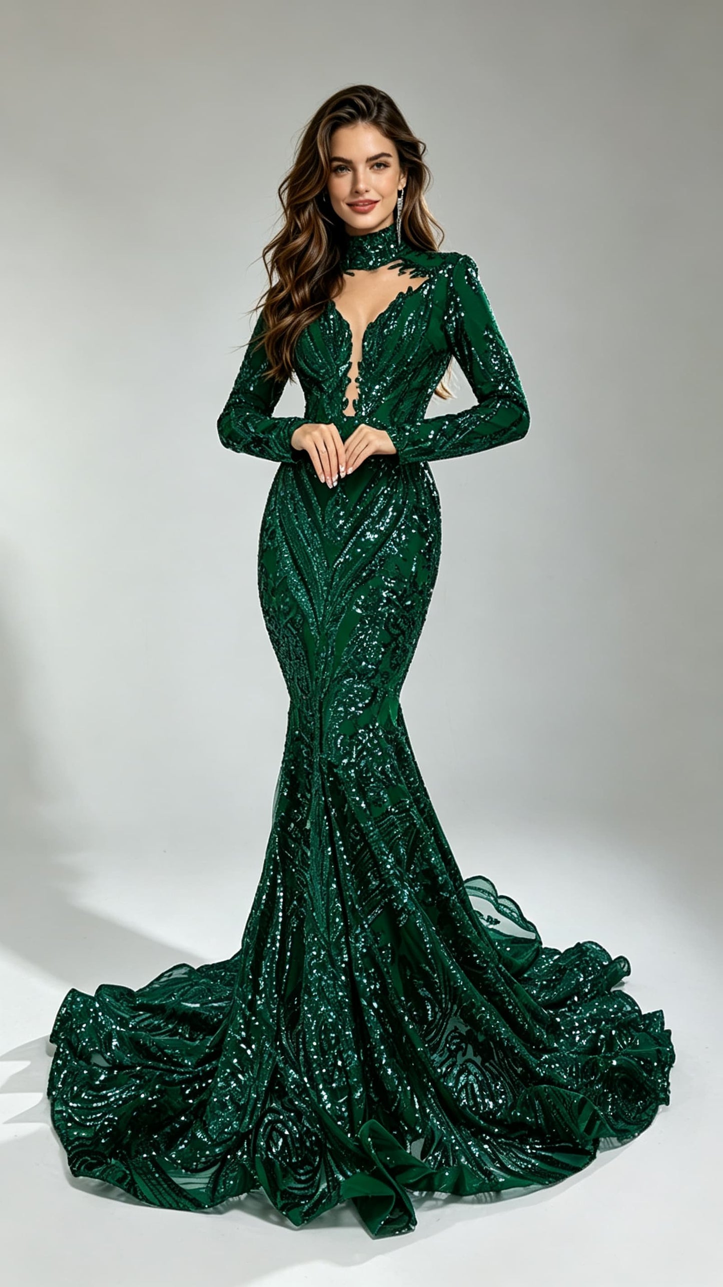 Timeless Mermaid Green Evening Gowns High Collar Sequins&beads Long Formal Dress LFNG0019