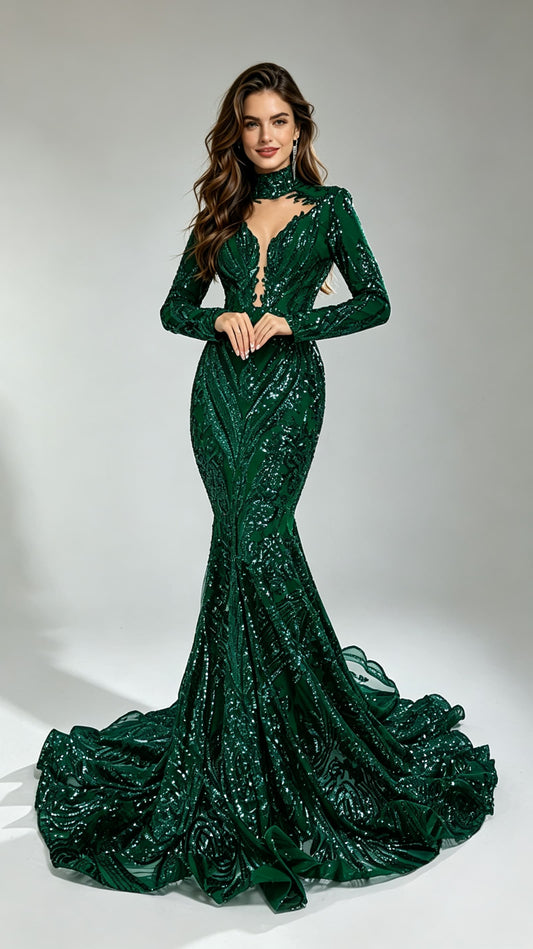 Timeless Mermaid Green Evening Gowns High Collar Sequins&beads Long Formal Dress LFNG0019