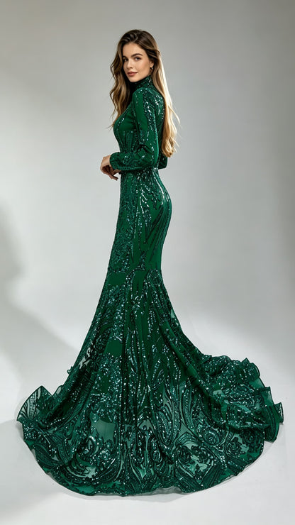 Timeless Mermaid Green Evening Gowns High Collar Sequins&beads Long Formal Dress LFNG0019