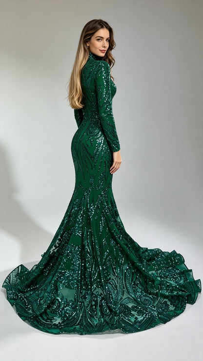 Timeless Mermaid Green Evening Gowns High Collar Sequins&beads Long Formal Dress LFNG0019