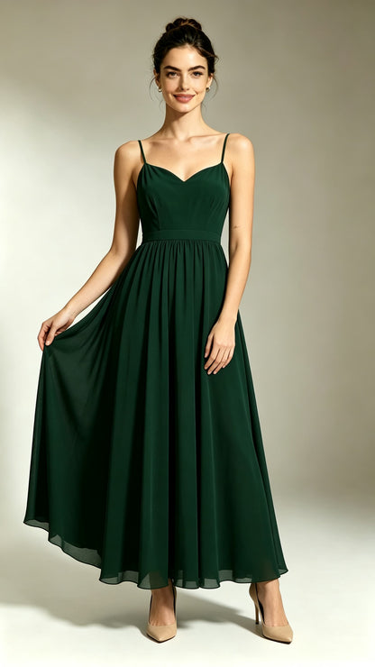 Dark green chiffon A‑line maxi evening gown, spaghetti straps sweetheart neckline, custom formal bridesmaid dress