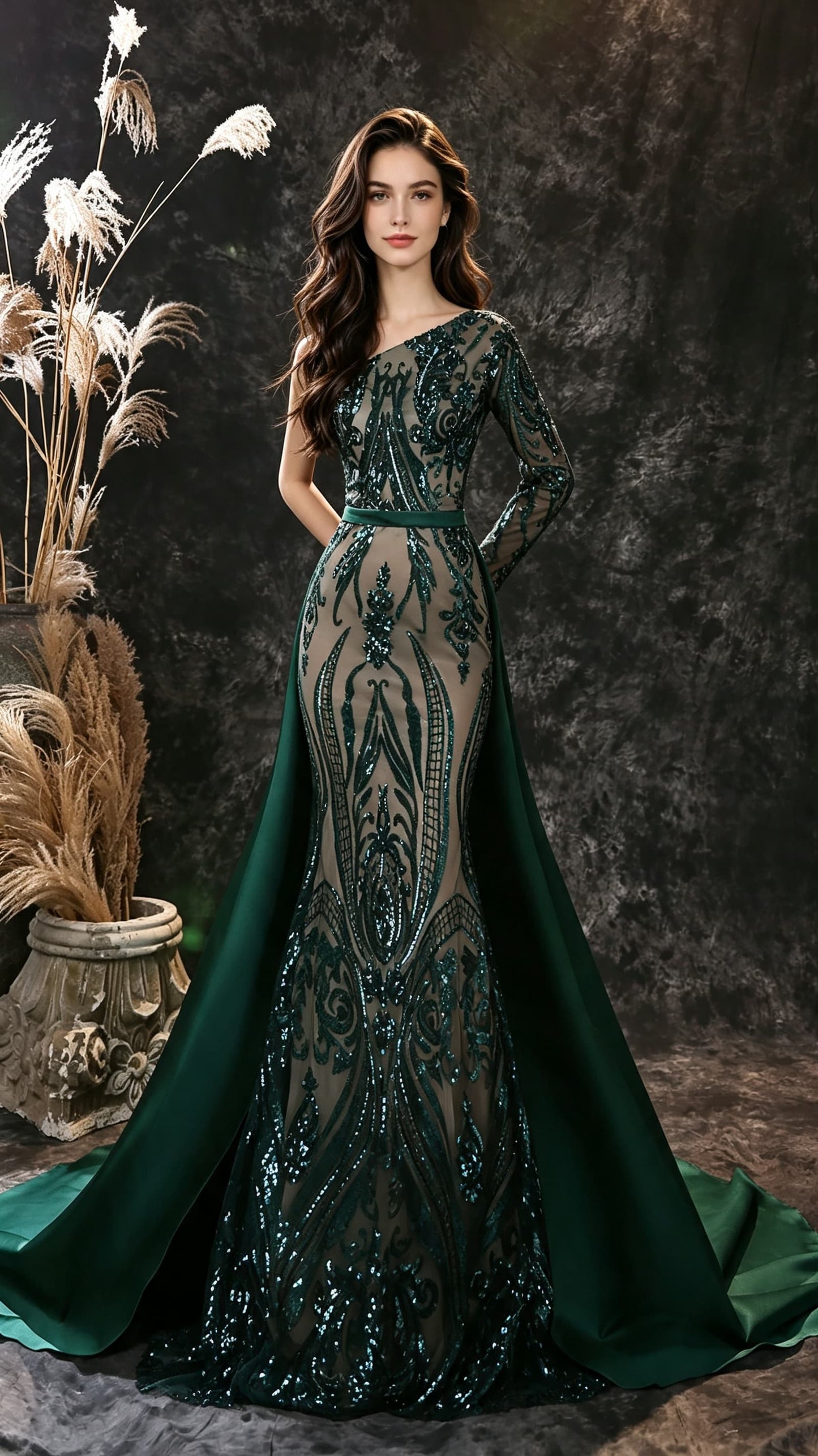 2026 Mermaid Green Evening Gowns One Shoulder Lace Sequins Long Formal Dress LFNL0673