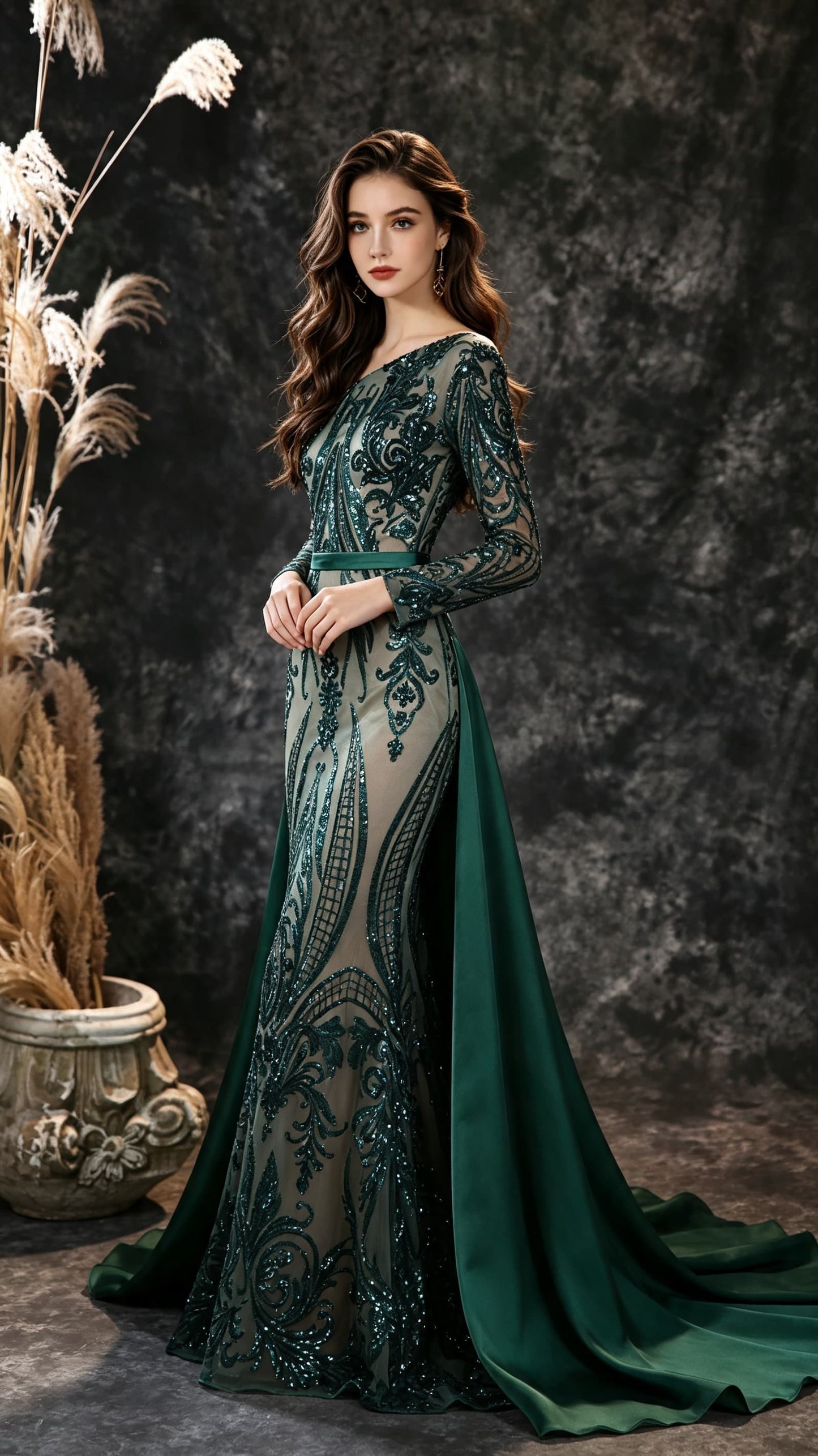 2026 Mermaid Green Evening Gowns One Shoulder Lace Sequins Long Formal Dress LFNL0673