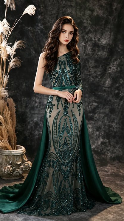 2026 Mermaid Green Evening Gowns One Shoulder Lace Sequins Long Formal Dress LFNL0673