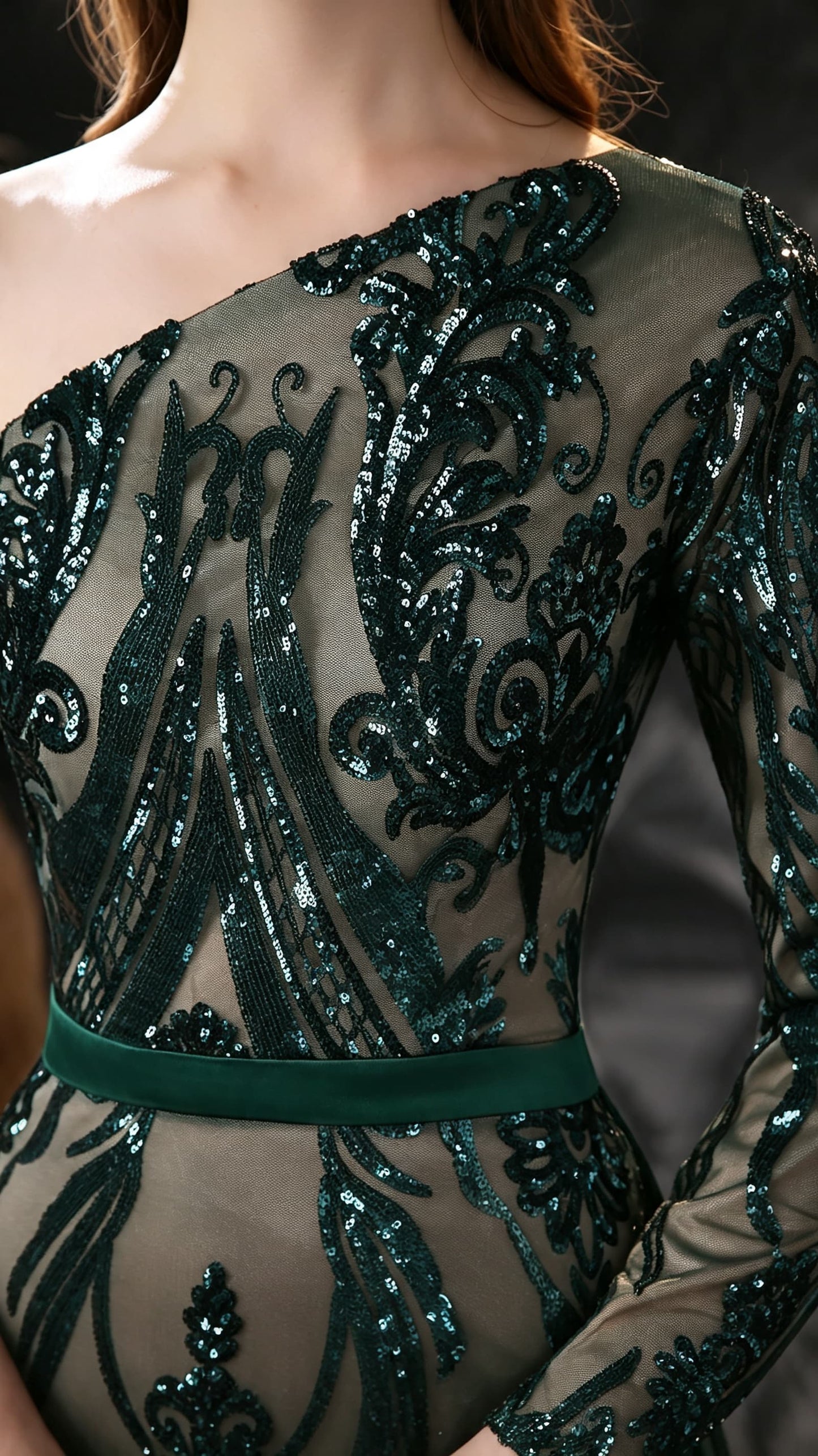 2026 Mermaid Green Evening Gowns One Shoulder Lace Sequins Long Formal Dress LFNL0673