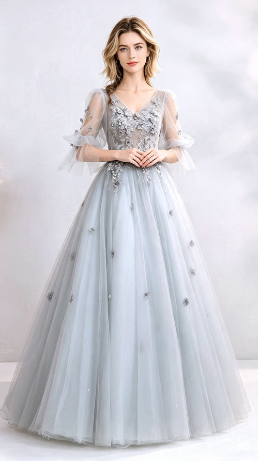 Sleek A-line Grey Evening Dress V Neck Tulle Long Formal Dress LFNL0639